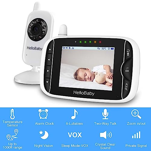 Monitor de vídeo para bebés con cámara y audio, pantalla LCD de 3,2 pulgadas, visión nocturna por infrarrojos, audio bidireccional y monitoreo de temperatura ambiente, canción de cuna, pantalla activada por sonido