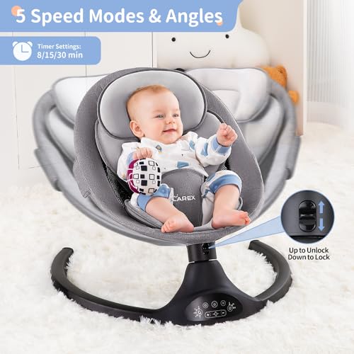 Columpio para bebés Larex para bebés | Hamaca eléctrica para bebés, columpio portátil para bebé niño niña, balancín interior con control remoto para bebés con 5 velocidades de balanceo, 1 posición de asiento, 10 música y Bluetooth