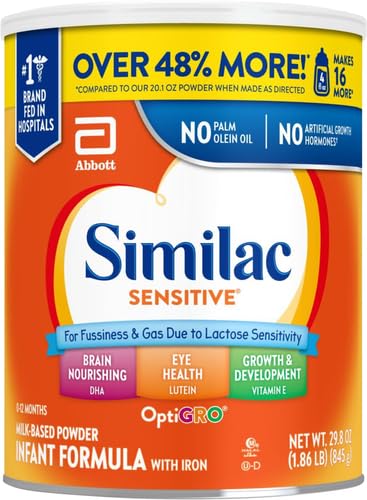 Fórmula infantil sensible Similac, para irritabilidad y gases debido a la sensibilidad a la lactosa, fórmula en polvo para bebés, lata de 29.8 oz