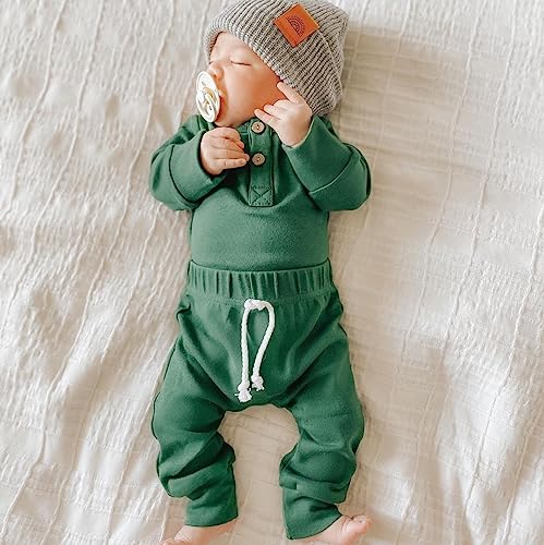 Ropa para bebé recién nacido, de punto acanalado, manga larga, mameluco, pantalones de algodón sólido, trajes de otoño e invierno, 2 piezas (verde sólido, 12-18 meses)