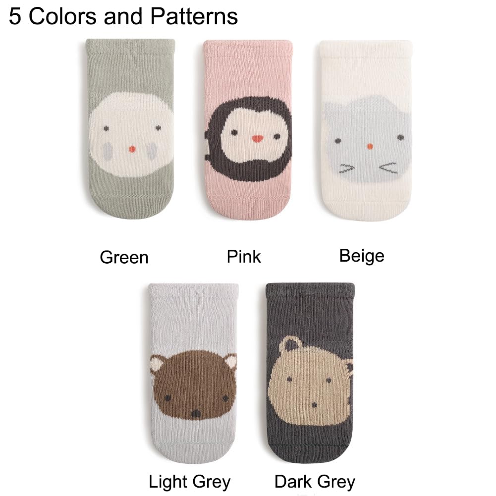 Exegawe Baby Non Slip Socks - 5 Pairs Toddler Socks with Grips Kids All Weather Crew Length Anti Skid Soles Socks(Pink Monkey,M/1-3Y)