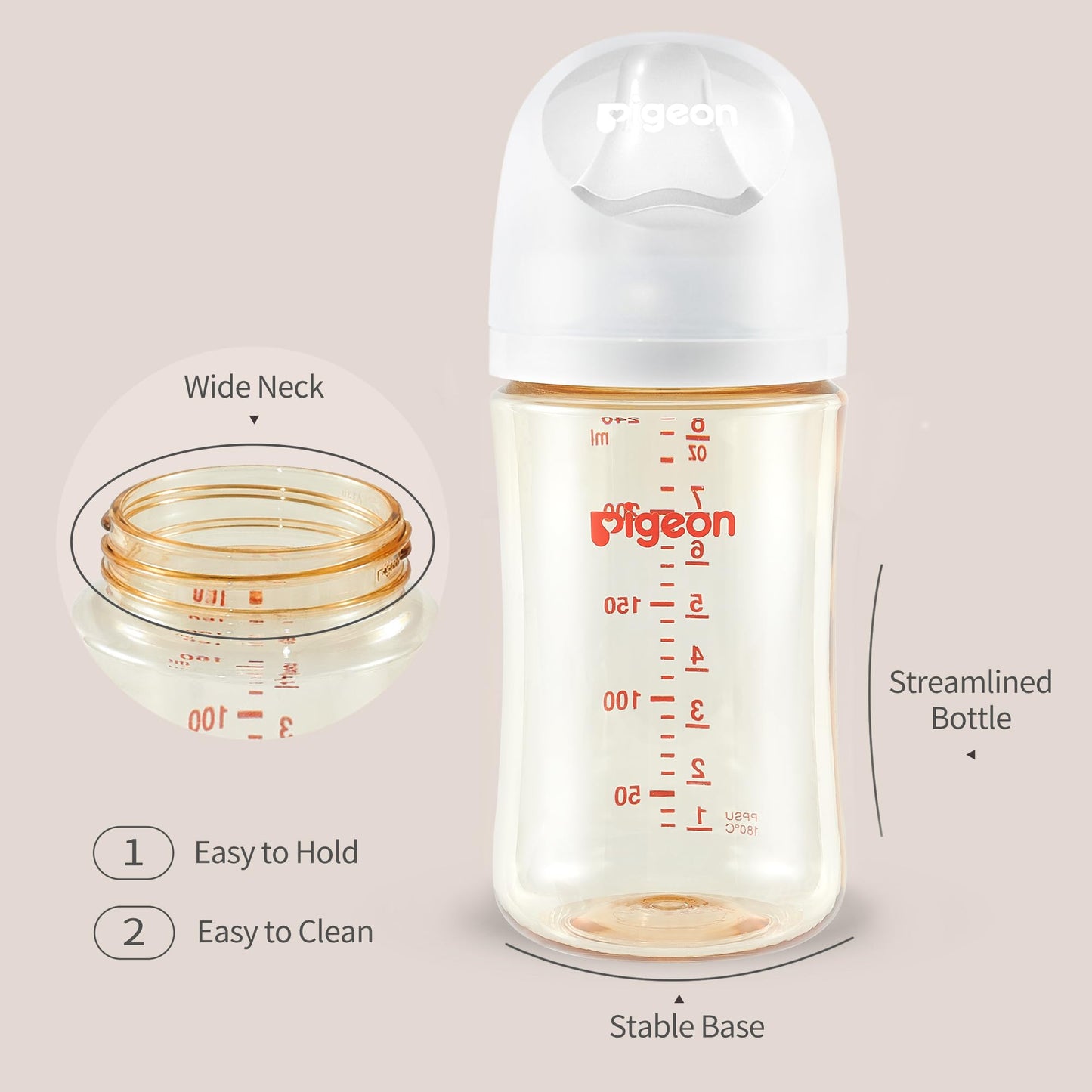 Pigeon PPSU Nursing Baby Bottle Wide Neck, Streamlined Body, Natural Feel, Easy to Clean, 8.1 Oz(Pack of 2), Includes 2pcs M Nipples (3m+)