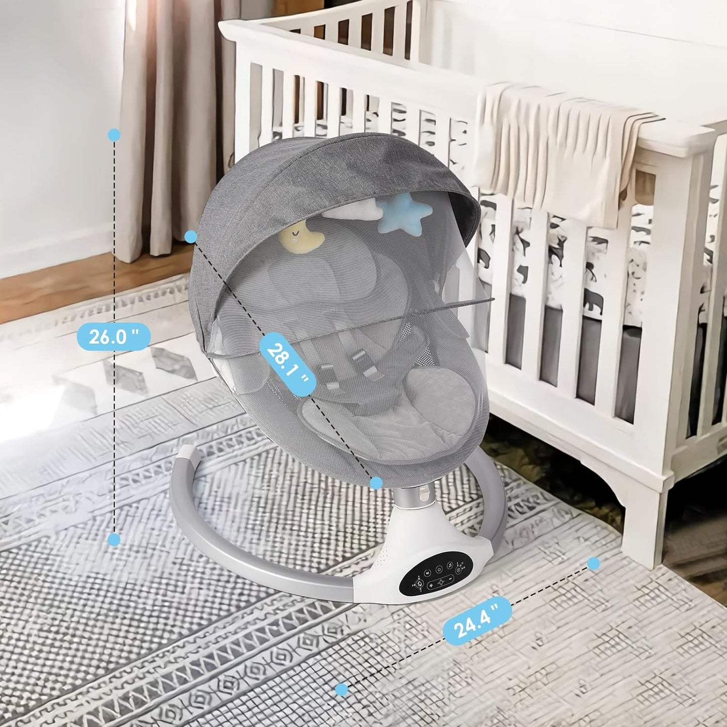Baby Swing for Infants, Baby Rocker with 5 Point Harness, Bluetooth Support, 10 Preset Lullabies and 3 Speeds with Remote Control, Infant Swing for Baby Boy Girl up to 20 Lbs, Grey