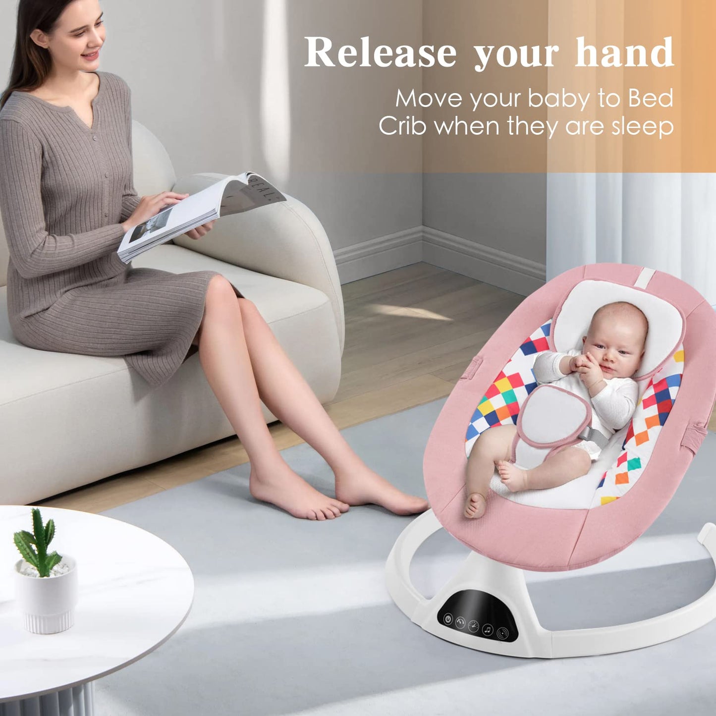 Soobaby Columpio para Bebés, Hamaca Eléctrica para Bebés, Columpio Portátil para Bebé Niña, Mecedor Interior con Control Remoto con 5 Velocidades de Balanceo, Música y Bluetooth, Rosa Claro