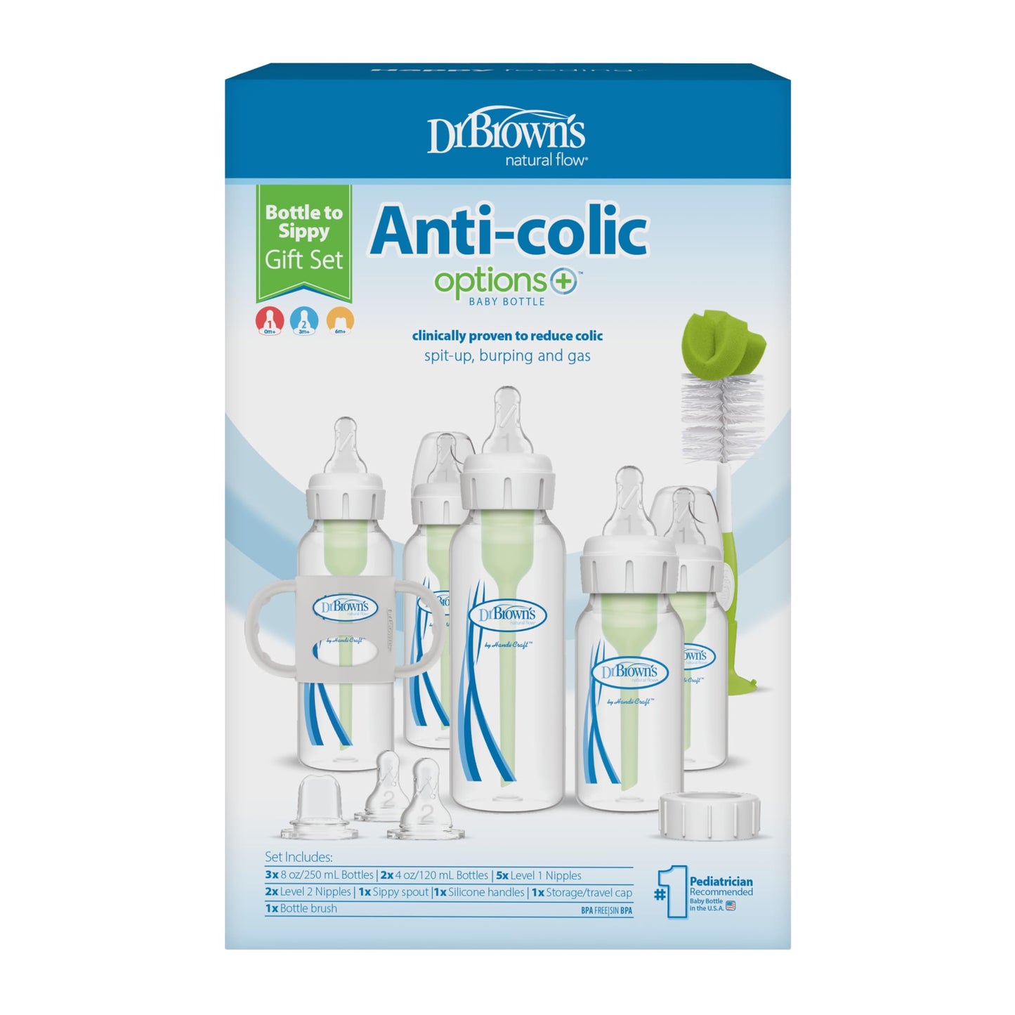 Dr. Brown's Natural Flow® Anti-Colic Options+™ Juego de regalo de biberón angosto para sorber con pico de silicona suave, asas de silicona extraíbles, tapa de viaje y cepillo para biberones