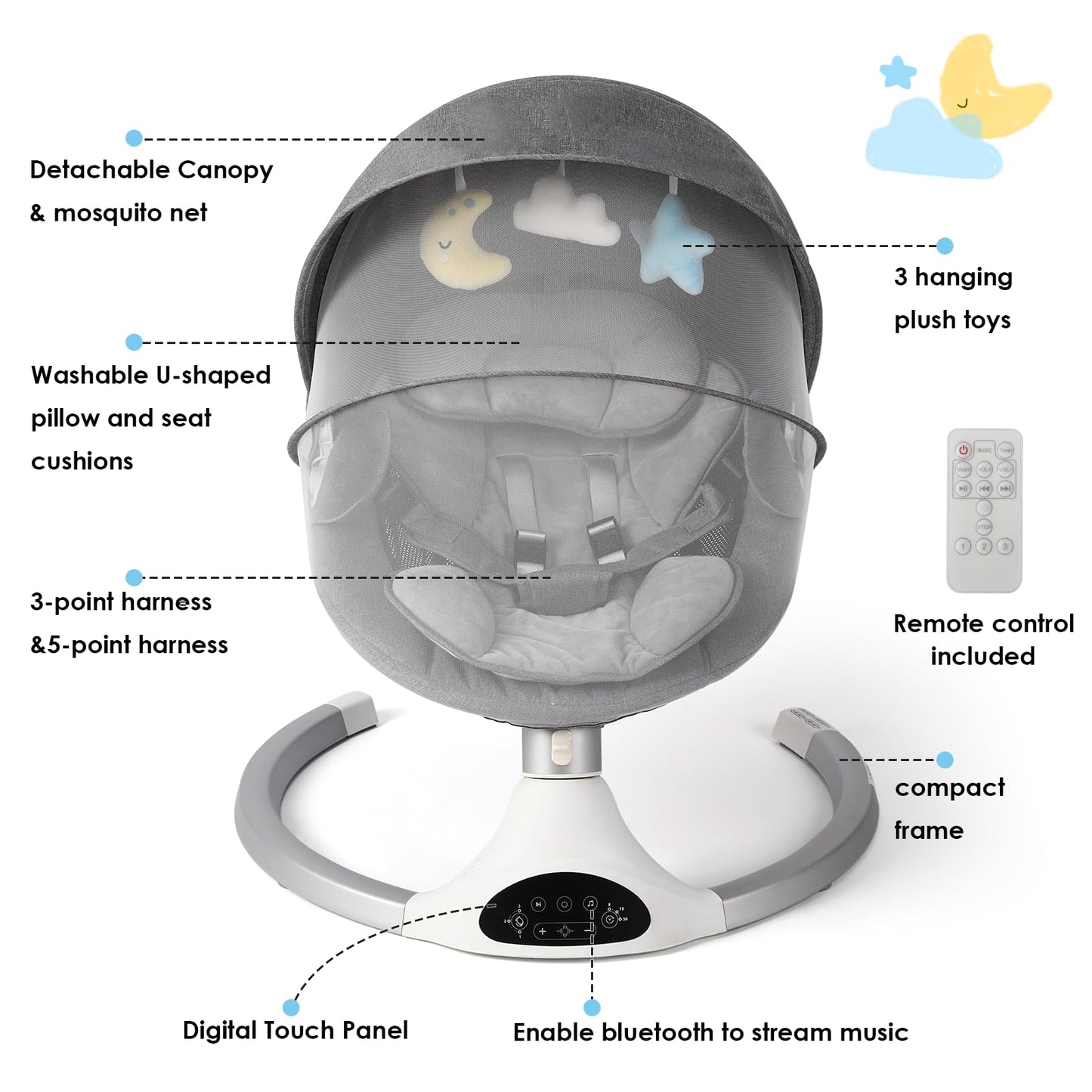 Baby Swing for Infants, Baby Rocker with 5 Point Harness, Bluetooth Support, 10 Preset Lullabies and 3 Speeds with Remote Control, Infant Swing for Baby Boy Girl Up to 20 lbs, Grey