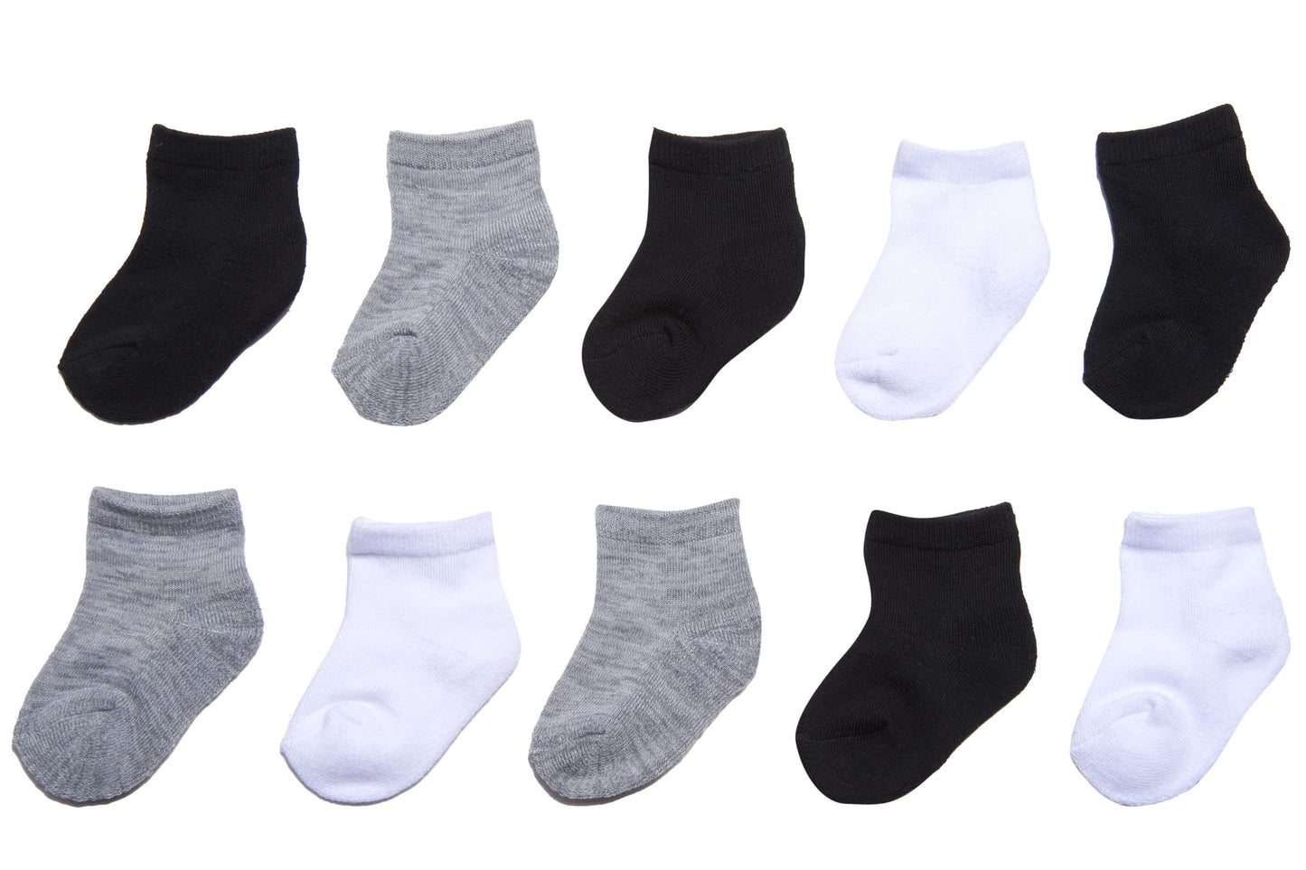 Nuby Infant Boys Basics 10-Pack Half Cushion Low Cut Baby Socks, Black/White/Light Grey, 6-12 Months