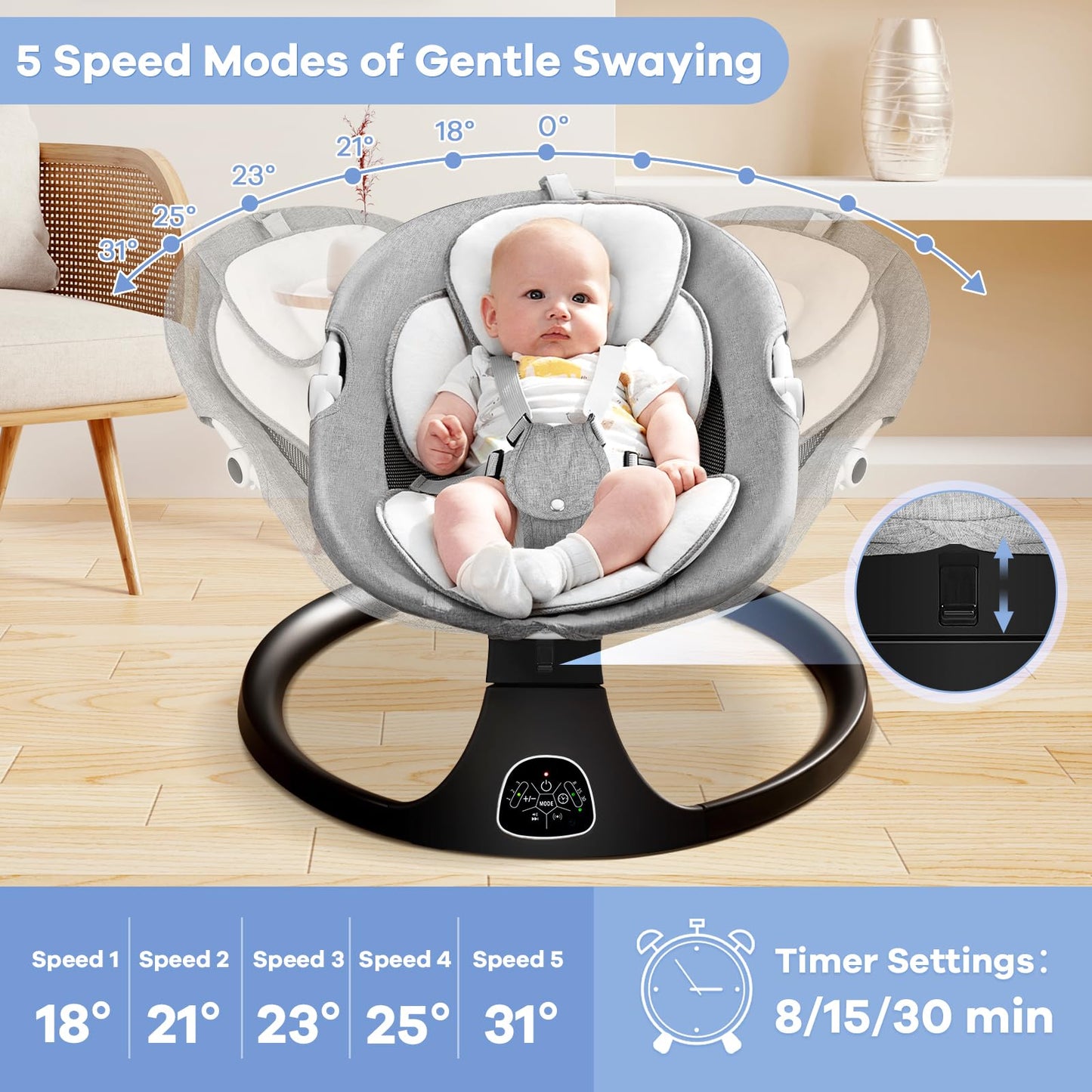 kmaier Columpio eléctrico para bebés, balancín para bebés con 5 velocidades, 10 canciones de cuna, adaptador y funciona con pilas, uso interior y exterior, control remoto, gris