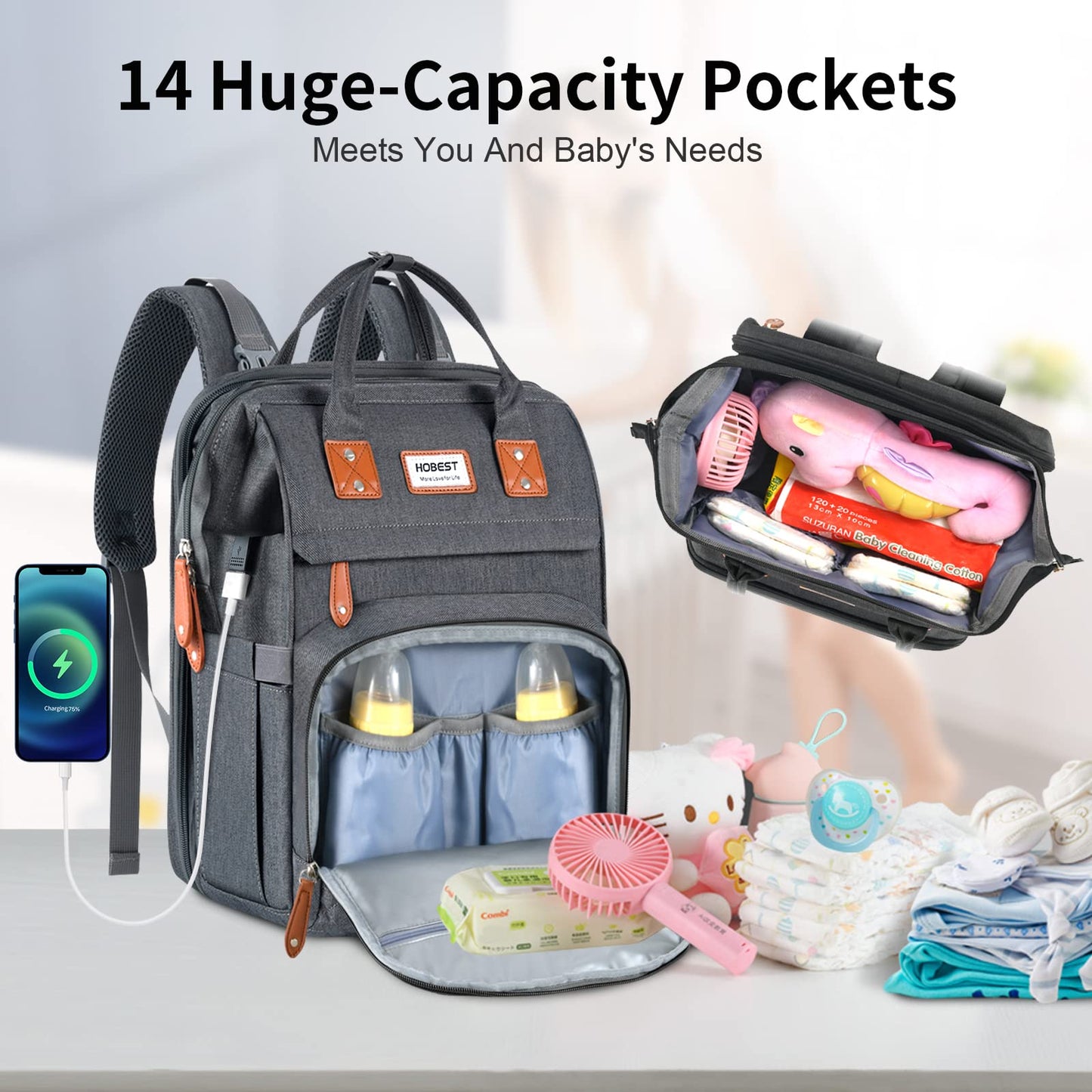 HOBEST Diaper Bag Backpack, Multifunction Large Travel Diaper Bag with Changing Pad and USB Charging Port for Moms Dads, Waterproof Unisex Baby Bag for Boys Girls, Baby Registry Search