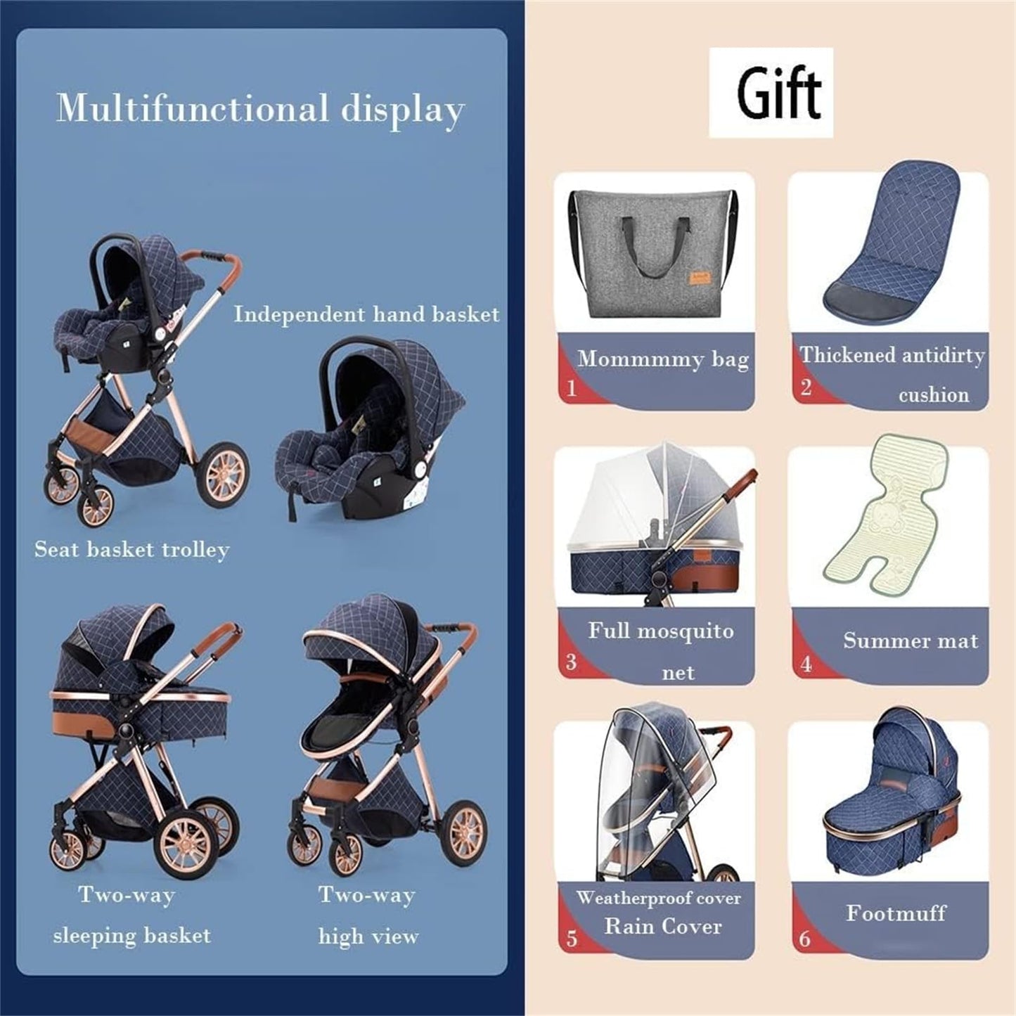 RIBONI 3 in 1 Baby Stroller Portable Pram Travel System Combo Car Seat Newborn Carriage Aluminum Frame High Landscape Pushcar with Base,Chocolate