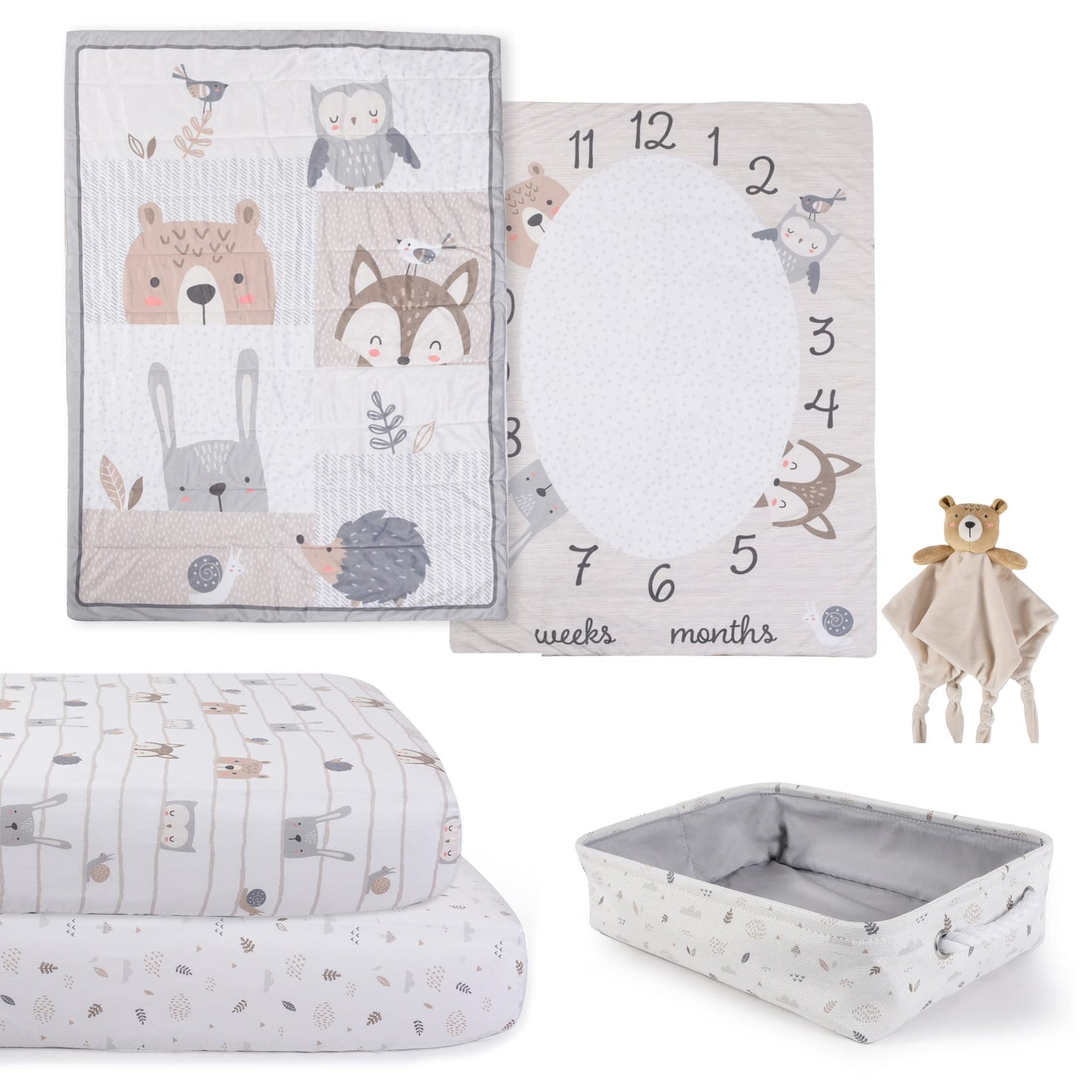 EXPRESSIONS 5 Piece Crib Bedding Set, Woodland Includes Reversible Milestone Baby Blanket, 2 Standard Fitted Crib Sheets, Security Blanket & Storage Tote
