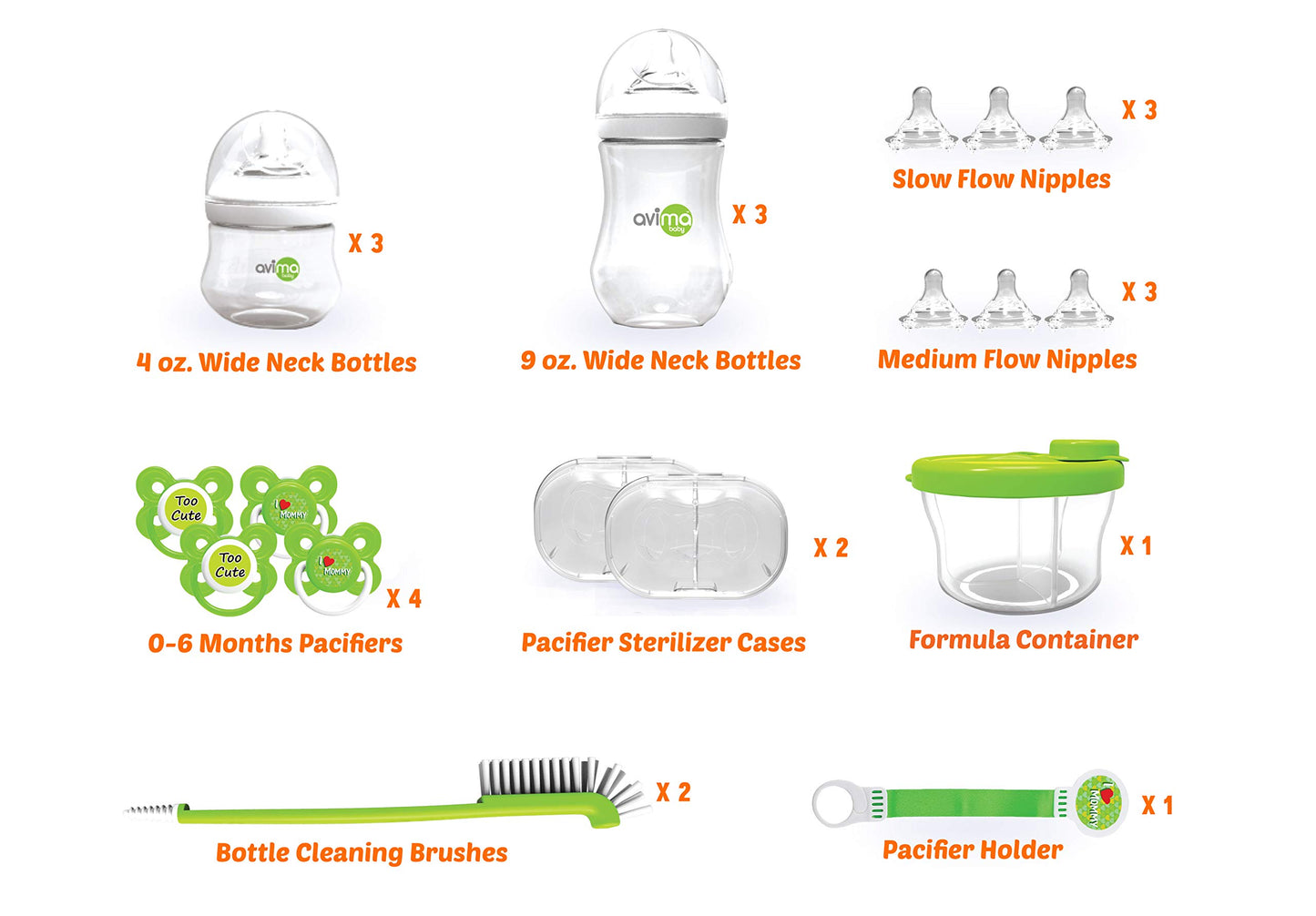Avima Newborn Baby Bottle Starter Set. Anti-Colic Wide Neck Bottles with Slow and Medium Flow Nipples. 22 Piece Set