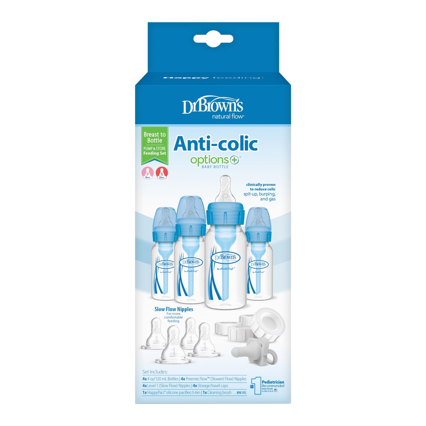 Dr. Brown's Natural Flow Anti-Colic Options+ Narrow Breast to Bottle Pump & Store Feeding Set with Slow Flow Nipples, Baby Travel Caps and 100% Silicone HappyPaci One-Piece Pacifier, Blue