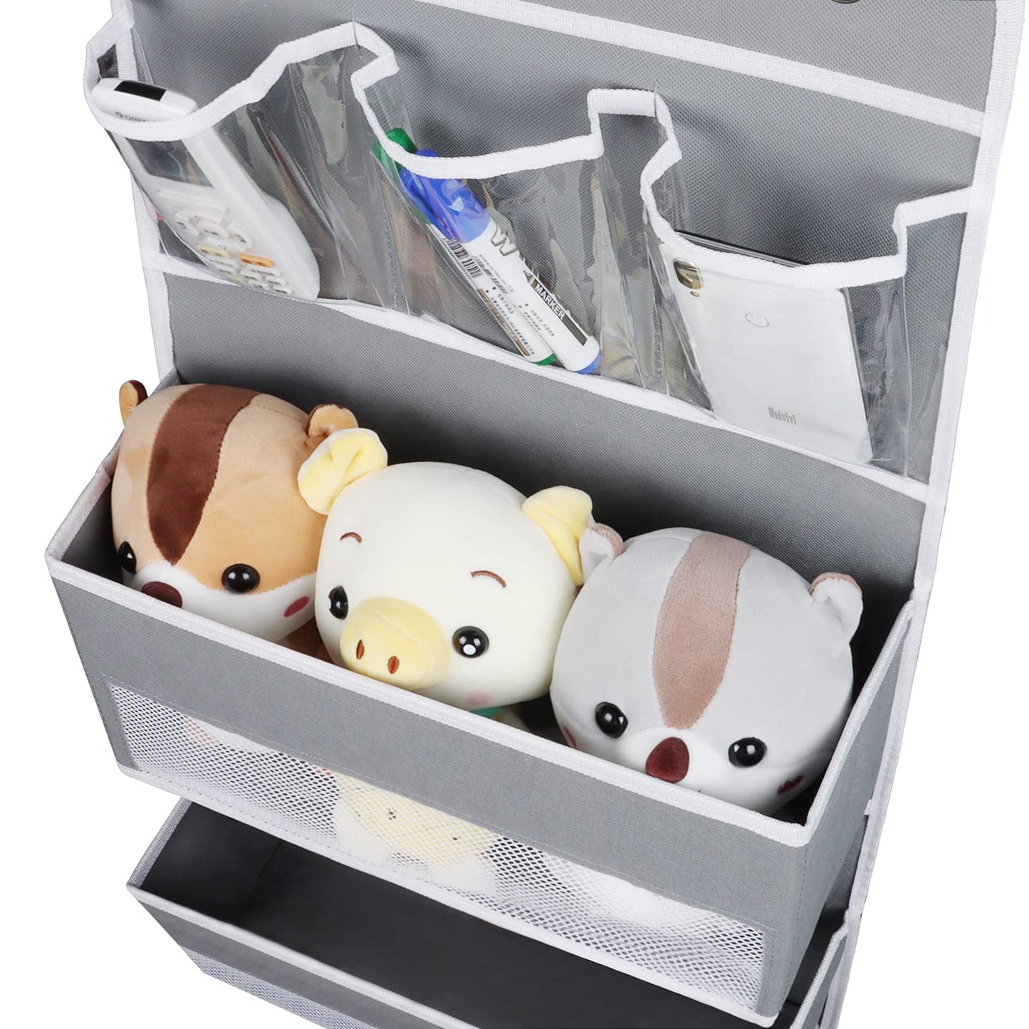 Univivi Organizador para colgar en la puerta, armario para guardería, almacenamiento para bebés con 4 bolsillos grandes y 3 bolsillos pequeños de PVC para cosméticos, juguetes y artículos diversos (gris)