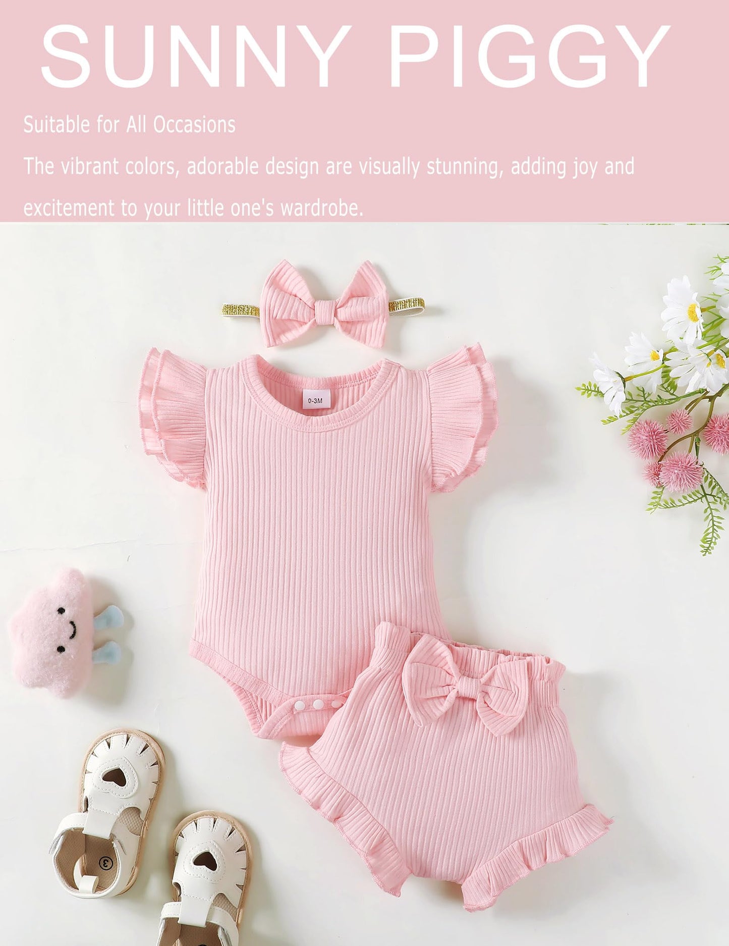 SUNNY PIGGY Baby Girl Clothes 0-3 Month Summer Newborn Girl Clothes Infant Girl Outfit Summer Short Set Soft Romper Top Baby Girls’ Clothing Headband 3Pcs Solidpink