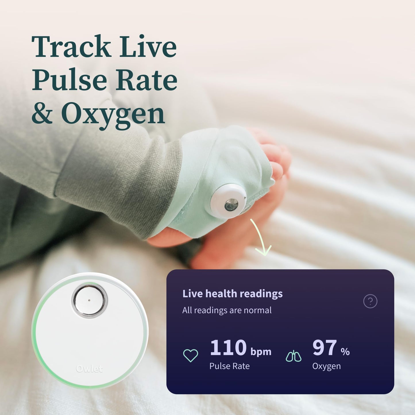 Monitor inteligente para bebés Owlet® Dream Duo: Dream Sock® aprobado por la FDA más Owlet Cam: rastrea y notifica la frecuencia del pulso y el oxígeno mientras ve al bebé en video WiFi HD de 1080p - Verde mar profundo