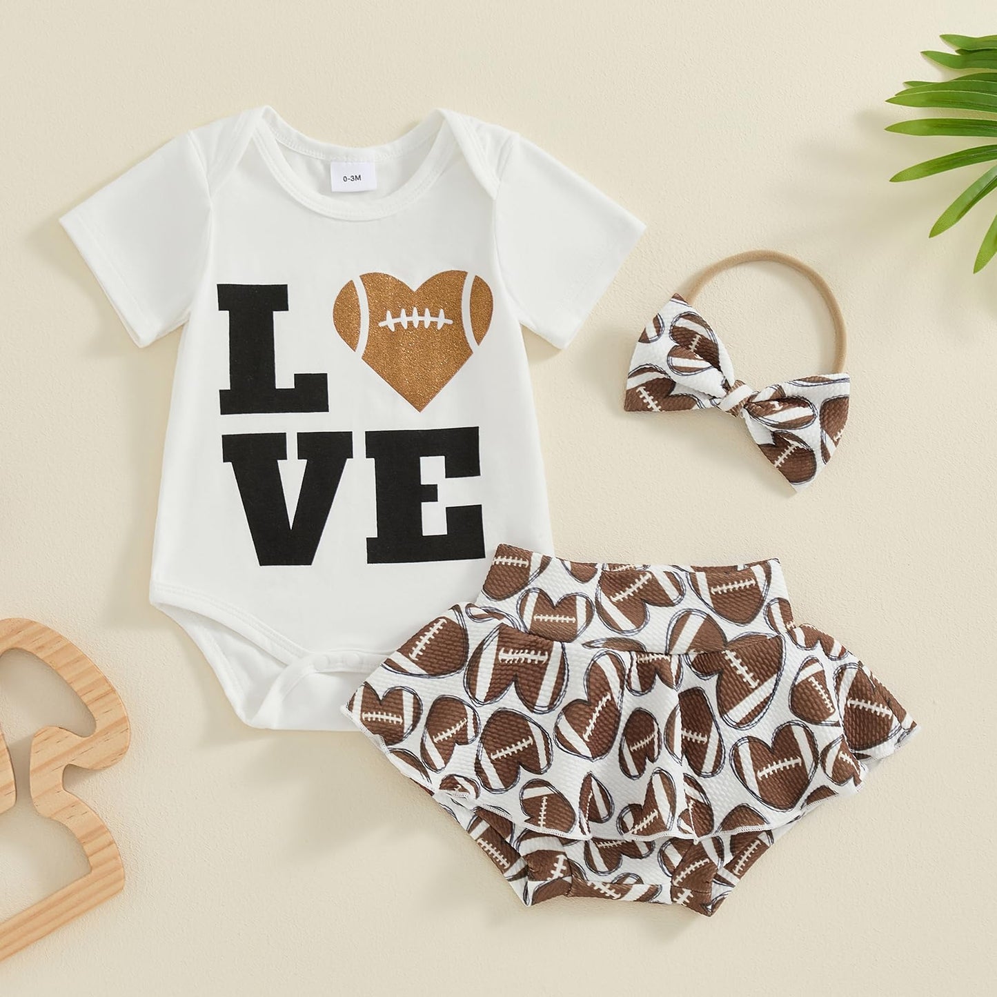 Amnnchya Newborn Baby Girl Clothes Love Football Short Sleeve Romper and Shorts Skirt Infant Set Cute Summer Outfit (White, 6-12 Months)