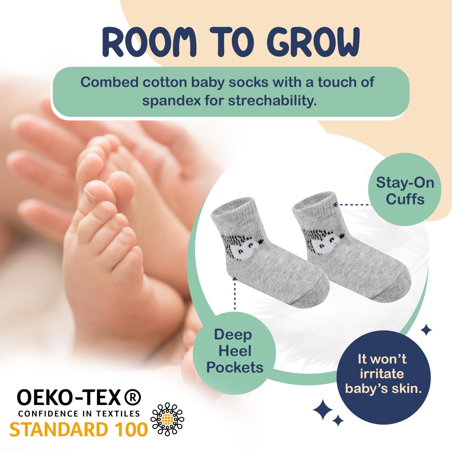 Baby Socks 0-6 Months, Organic Cotton Infant Socks, Unisex, Soft & Hypoallergenic Newborn Socks, 12 Pairs