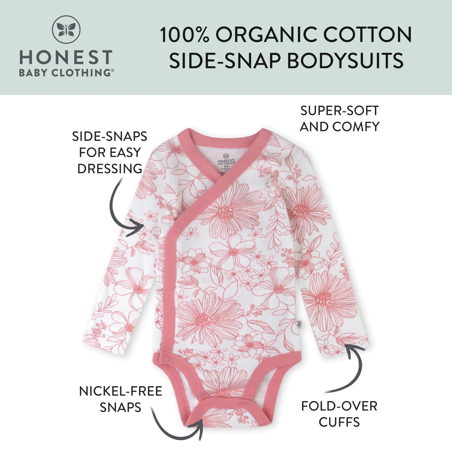 HonestBaby Multipack Body de manga larga de una sola pieza 100% algodón orgánico para bebés niños, niñas, unisex, rosa floral incompleto, 6-9 meses