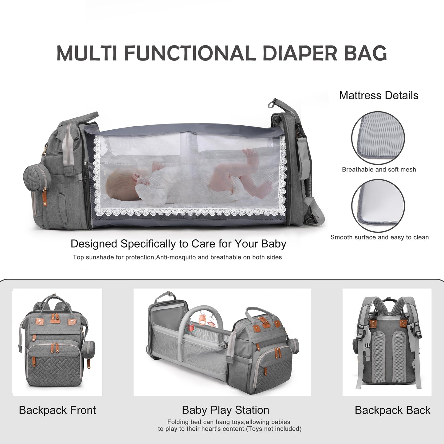 CESAILT Diaper Bag Backpack with Changing Station, Multifunction Travel Baby Bag, Waterproof Baby Tote, Large Capacity Mommy Bag, Newborn Essentials Backpack Bag, Unisex, Gray