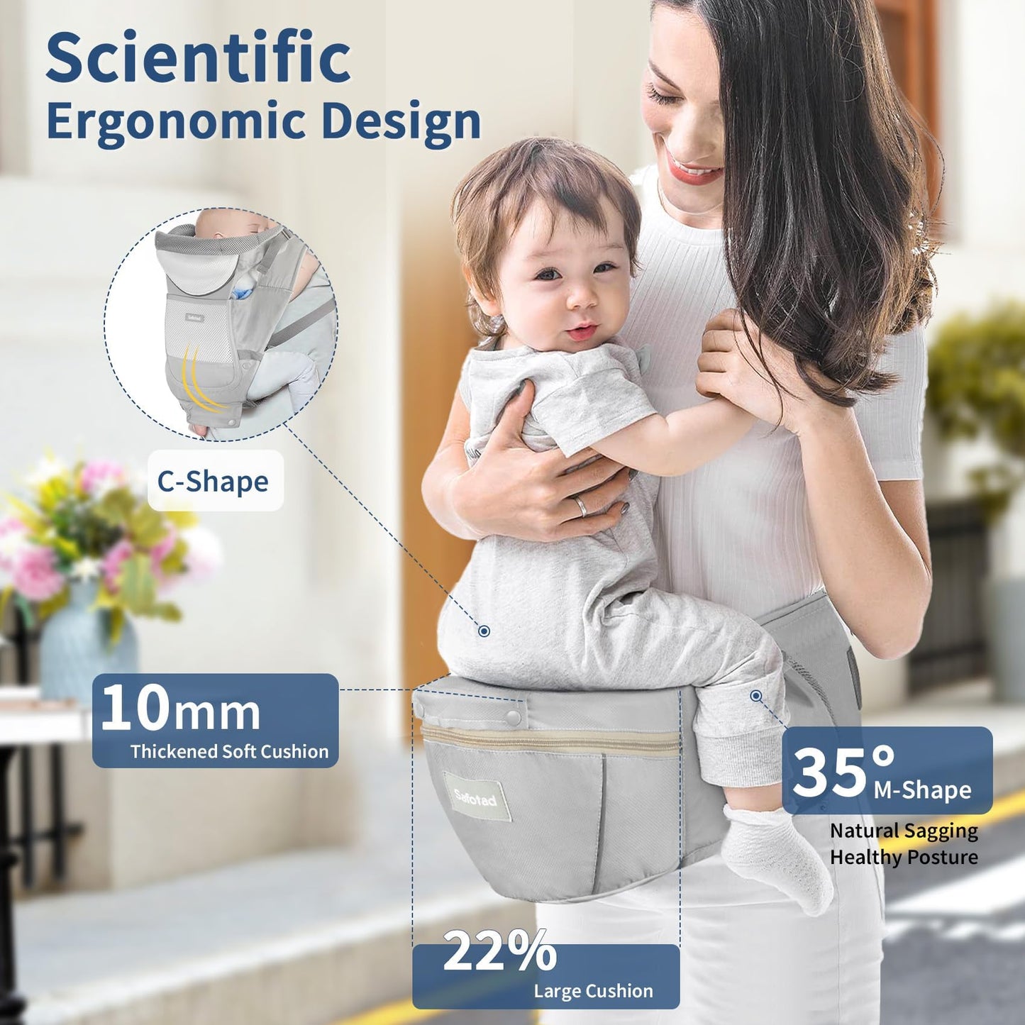 Safotad Portabebés con asiento para la cadera, portabebés ergonómico en posición M 6 en 1 para recién nacidos y niños pequeños, soporte para la cabeza y portabebés de malla transpirable, portabebés ajustable para papá y mamá-gris