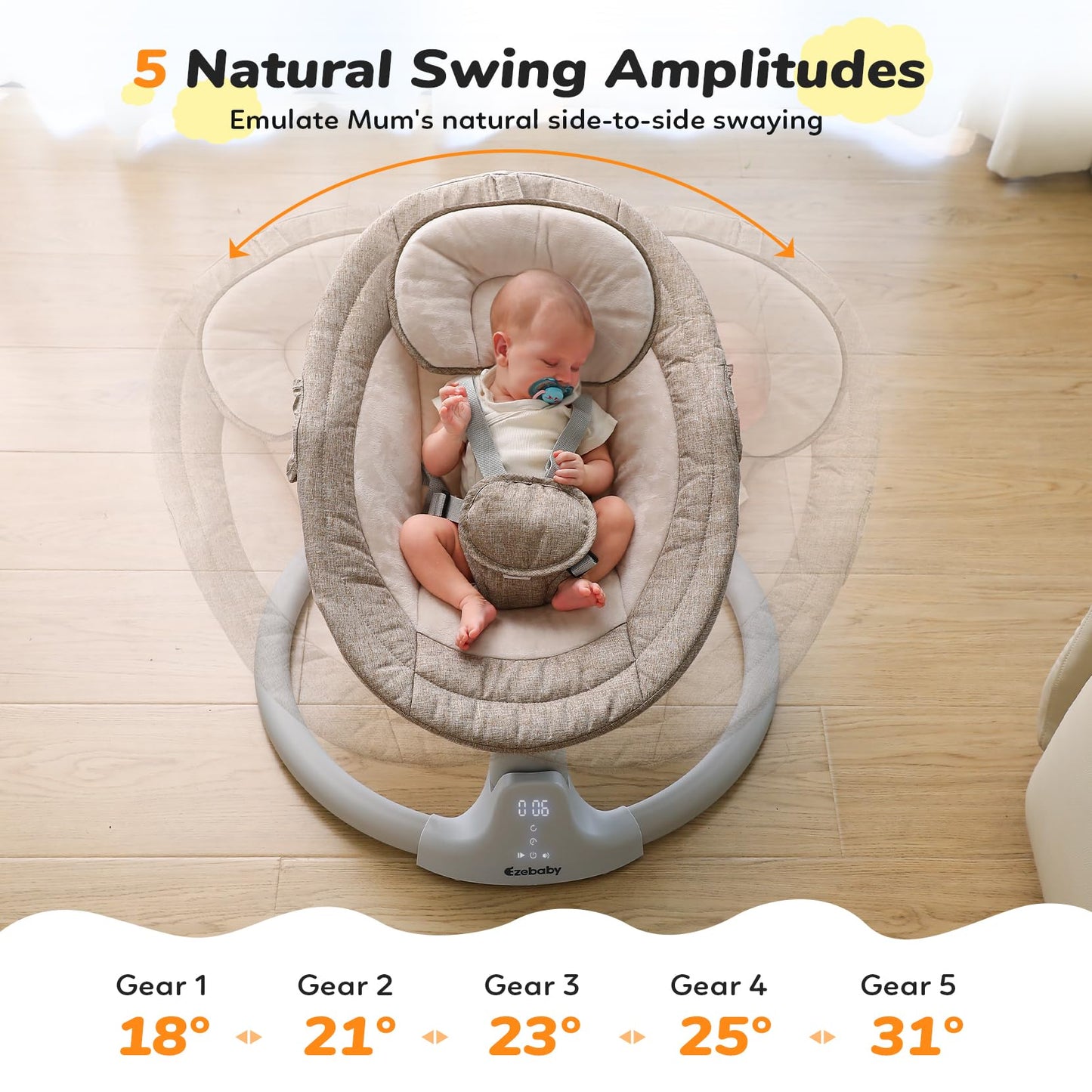 Ezebaby Columpio para bebés, Columpio portátil para recién nacidos, con control remoto, 5 amplitudes de columpio, 3 posiciones de asiento, cinturón de arnés de 5 puntos, canciones de cuna preestablecidas - Columpio infantil para bebés de 0 a 6 meses