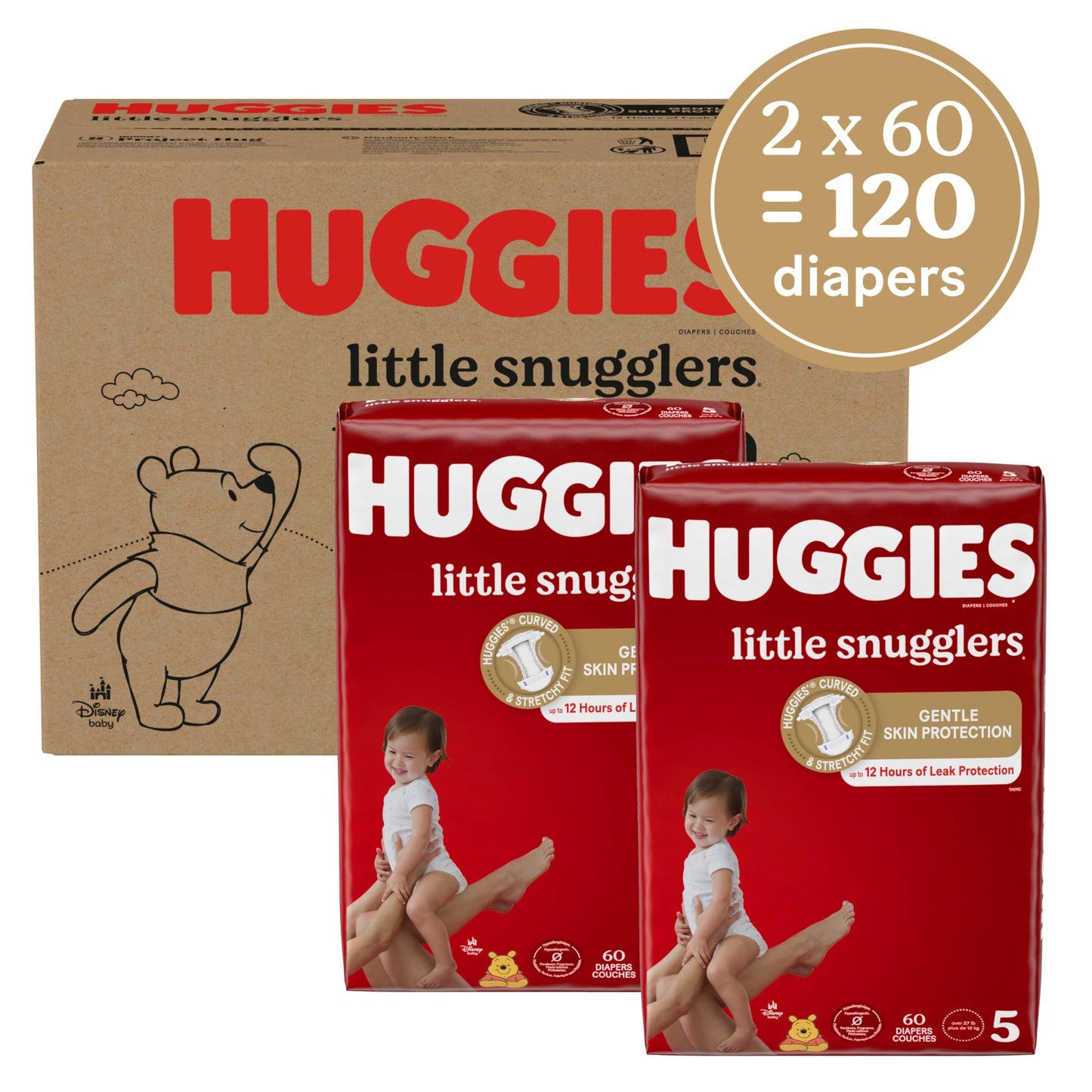 Huggies Size 5 Diapers, Little Snugglers Baby Diapers, Size 5 (27+ lbs), 120 Ct (2 packs of 60)