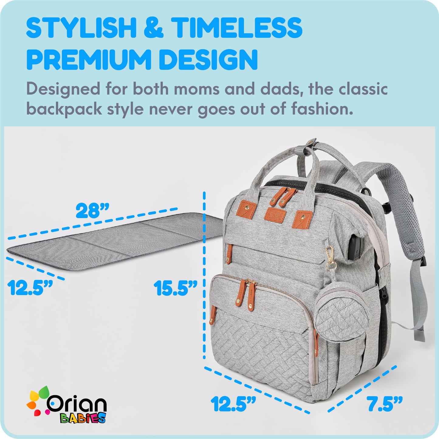 Mochila para pañales Orian, bolsa para pañales con estación para cambiar pañales, bolsa para pañales de viaje grande, mosquitera, puerto de carga USB, bolsa para bebé unisex impermeable - 3 regalos adicionales