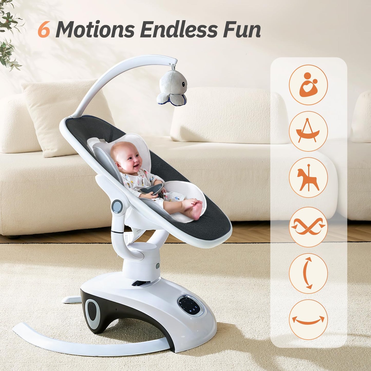 VaVaSoo Columpio para Bebé Columpio Eléctrico para Recién Nacido Mecedoras y Hamacas Multimovimiento para Bebés con Control Remoto, 5 Velocidades, 13 Melodías, Gris Claro
