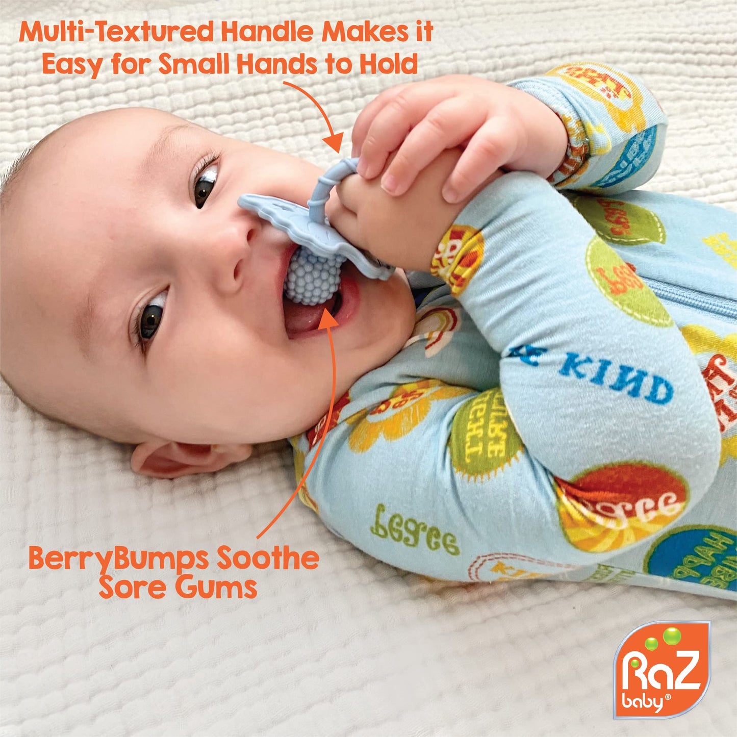 RaZbaby Paquete de 2 juguetes de silicona para la dentición del bebé Berrybumps, sin BPA, diseño manos libres, alivio de la dentición