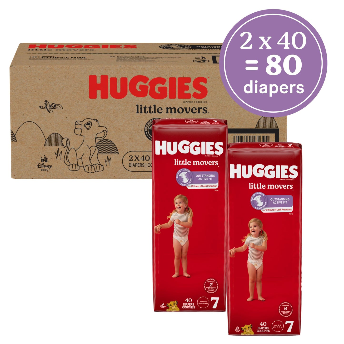 Huggies Size 7 Diapers, Little Movers Baby Diapers, Size 7 (41+ lbs), 80 Count (2 packs of 40), Packaging May Vary