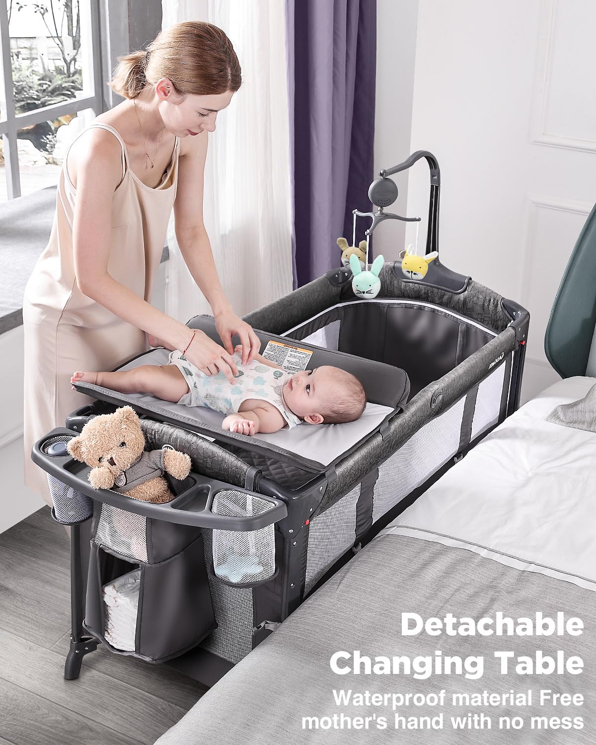 ADOVEL Cuna de cabecera para bebé, Pack and Play con colchón, cambiador de pañales y corralitos desde recién nacidos hasta niños pequeños, gris