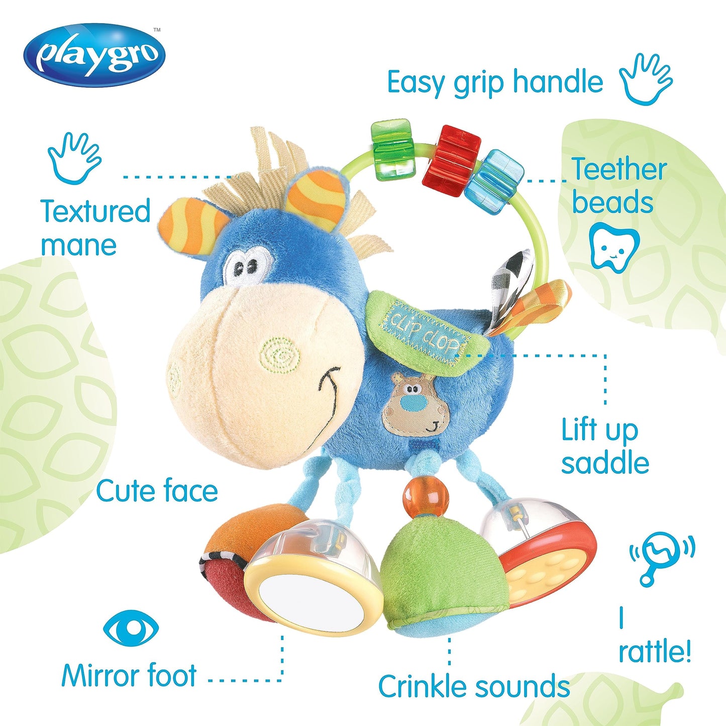 Playgro Horse Soft Baby Toys 3-6-12 meses de desarrollo, 3+ meses sonajeros juguetes para la dentición para bebés, recién nacidos y bebés, sonajero de felpa sensorial no tóxico para niño niña con clip Clop regalo de actividad