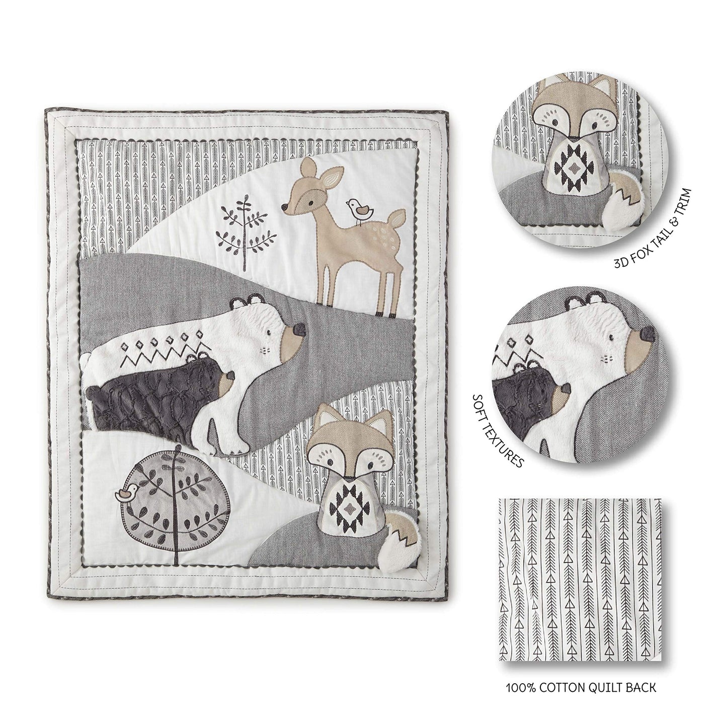 Levtex Baby - Bailey Crib Bed Set - Baby Nursery Set - Charcoal, Taupe, White - Neutral Forest Theme - 5 Piece Set Includes Quilt, Fitted Sheet, Diaper Stacker, Wall Decal & Skirt/Dust Ruffle