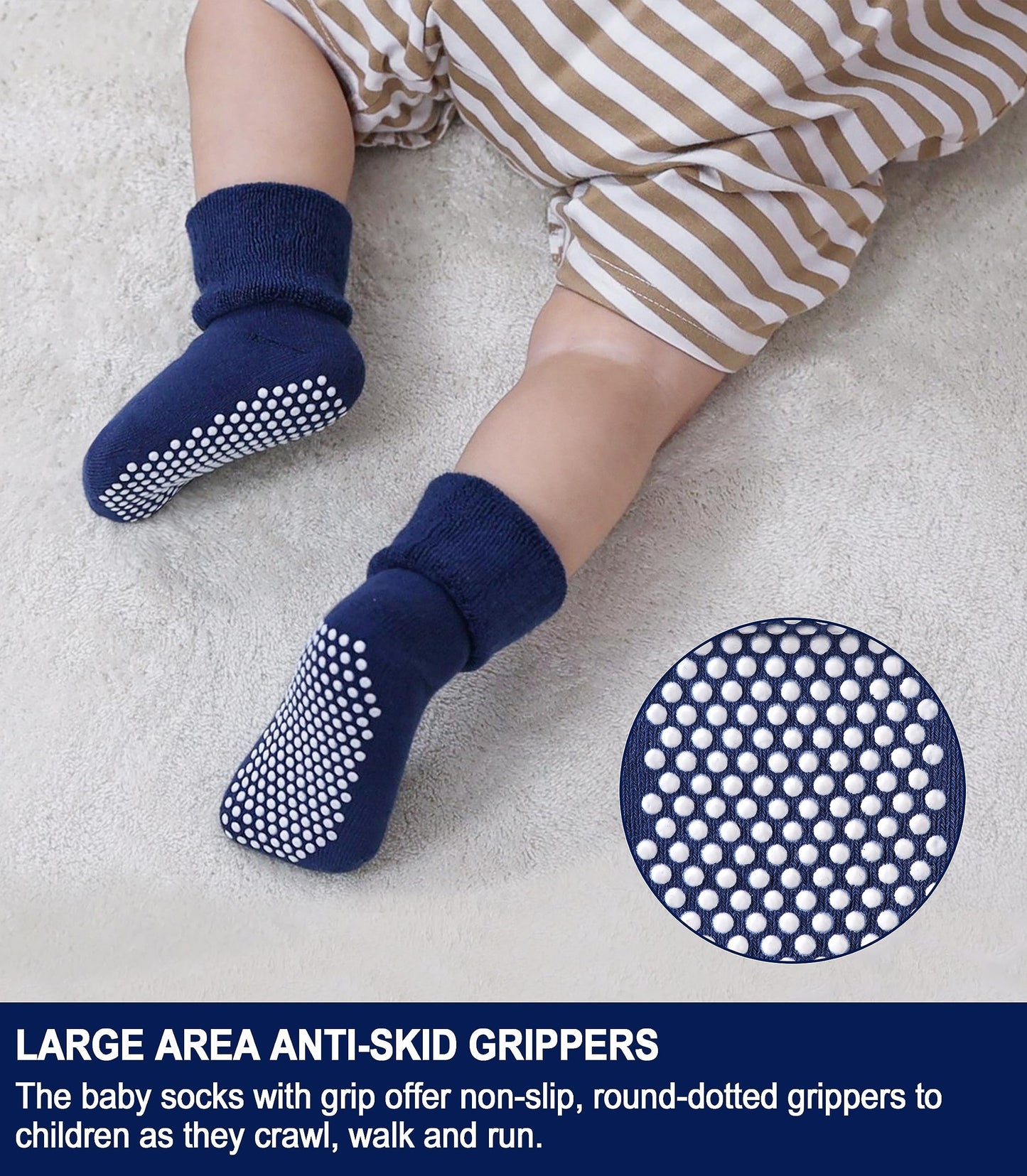 SDBING Baby Boys Girls Grips Socks Infant Toddlers Kids Non Slip Warm Thick Cotton Ankle Crew Socks with Grippers (1-3T, 6 Pairs Solid Color)