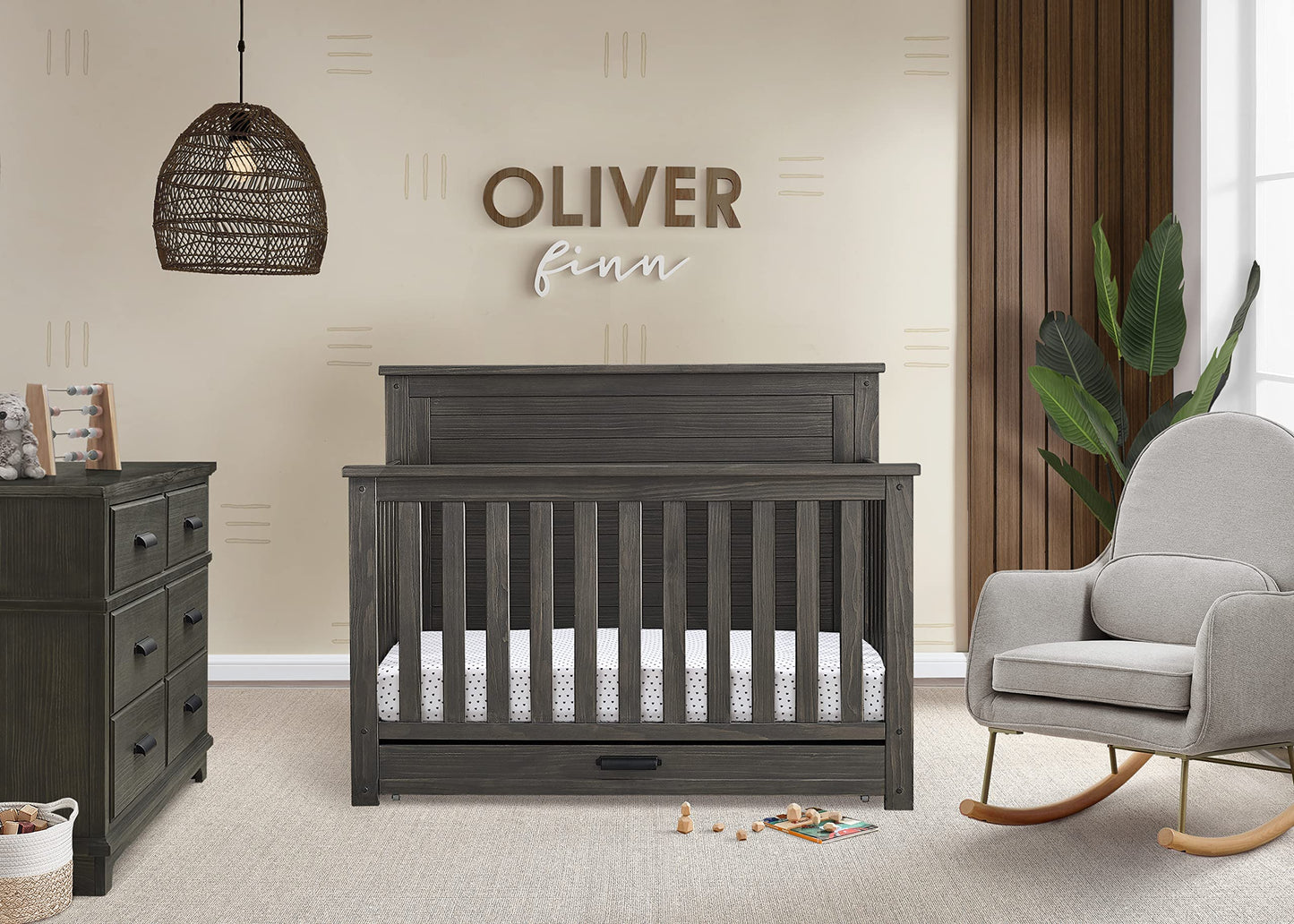 Delta Children Caden Crib 7-Piece Baby Nursery Furniture Set–Includes: Convertible Crib, Dresser, Changing Top, Crib Mattress, Sheets, Toddler Guardrail & Changing Pad, Rustic Grey