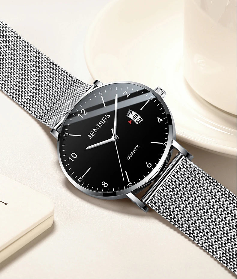 Fashion Luxury Simple Business Watch Man Ultra Slim Case Waterproof Quartz Wristwatch Jenises Black Mens Watch Reloj Hombre