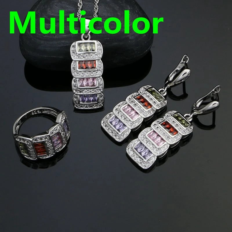925 Silver Bridal Jewelry Sets For Women Multicolor Cubic Zirconia White Crystal Earrings Pendant Ring Necklace