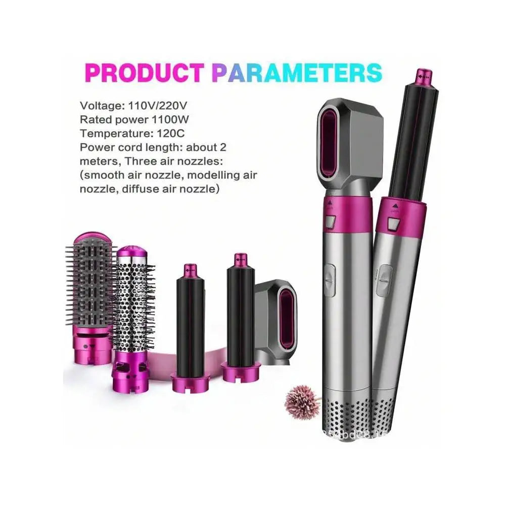 5-in-1 Multi-Purpose Air Brush Hair Dryer with Quick-Drying Curling Wand Styling Shaper and Curling Accessory
