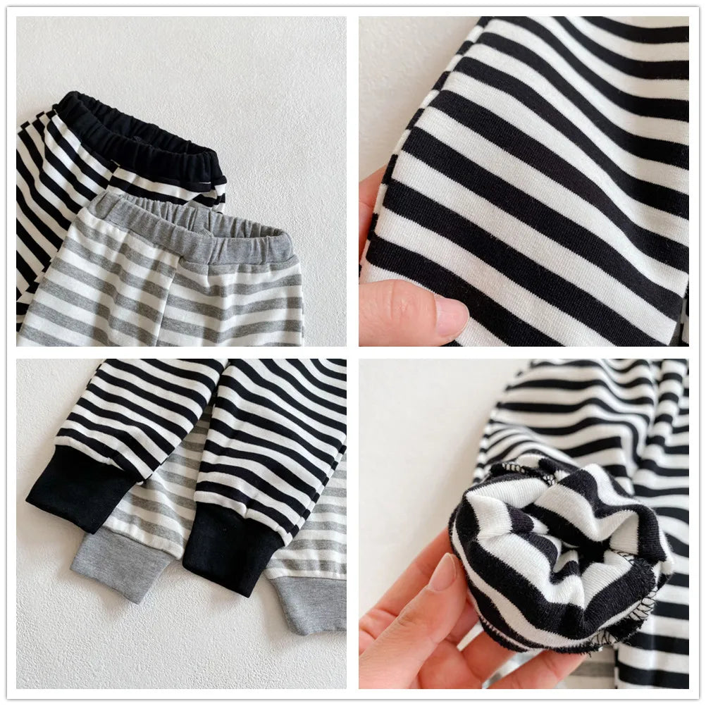 Joggers para bebés, ropa coreana para bebés, pantalones a rayas para recién nacidos, pantalones pitillo para niños y niñas, pantalones de algodón de otoño para niños