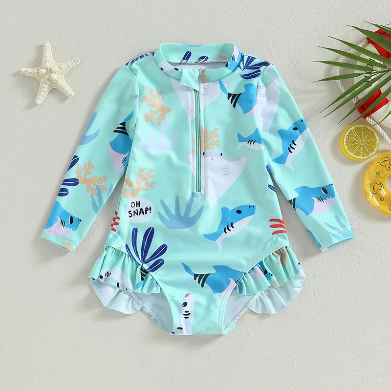 Traje de baño para niñas pequeñas con estampado floral y escamas de pescado, traje de baño con cremallera, traje de baño para niñas de manga larga