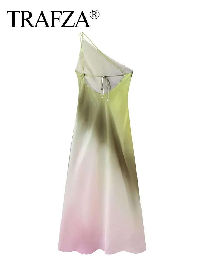 TRAFZA 2023 Woman Elegant Tie Dye Print Dress Asymmertic Satin Off Shoulder Backless Midi Dress Womens Party Evening Dresses