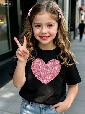 Kids Girls T-Shirt, Pink Glitter Heart Print Short Sleeve Casual Top for Summer Daily Wear boys and girls