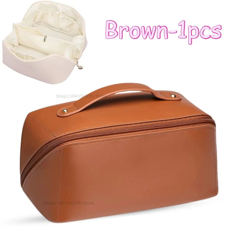 Large Travel Cosmetic Bag Durable Makeup Bag Organizer High Capacity Makeup Bag Storage Pouch PU Leather Makeup Box for Girls