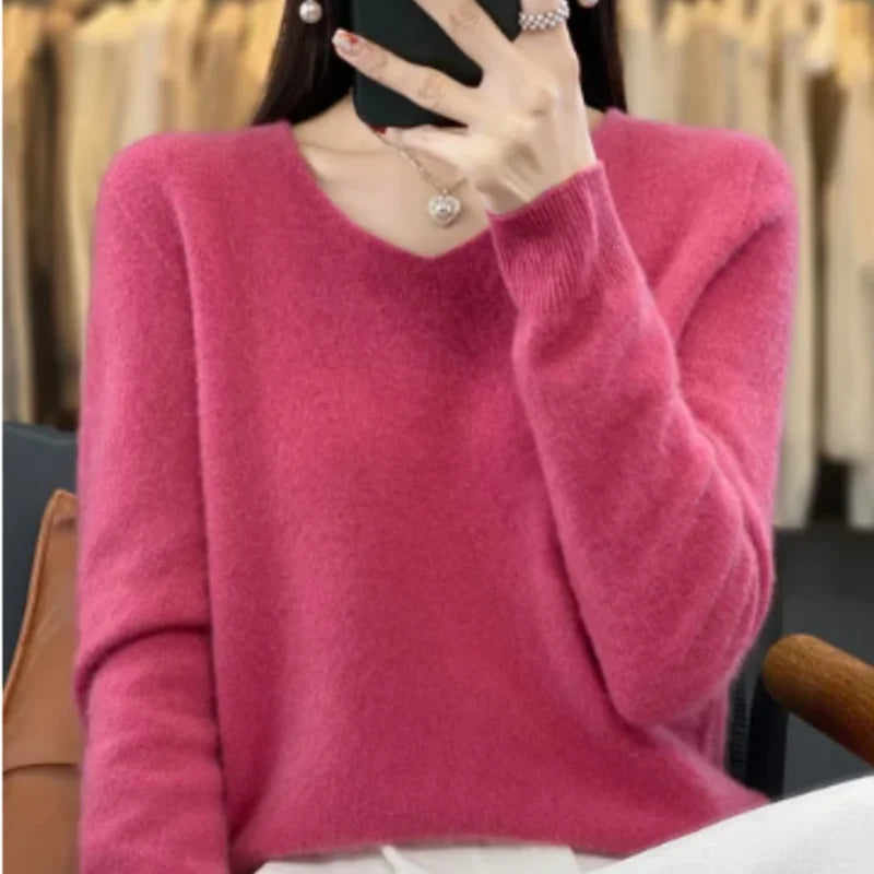 Fashion Pullover 100% Merino Wool Women Sweater V-Neck Long Sleeve Basic Jumper Spring Autumn Winter Clothing Knitwear Tops