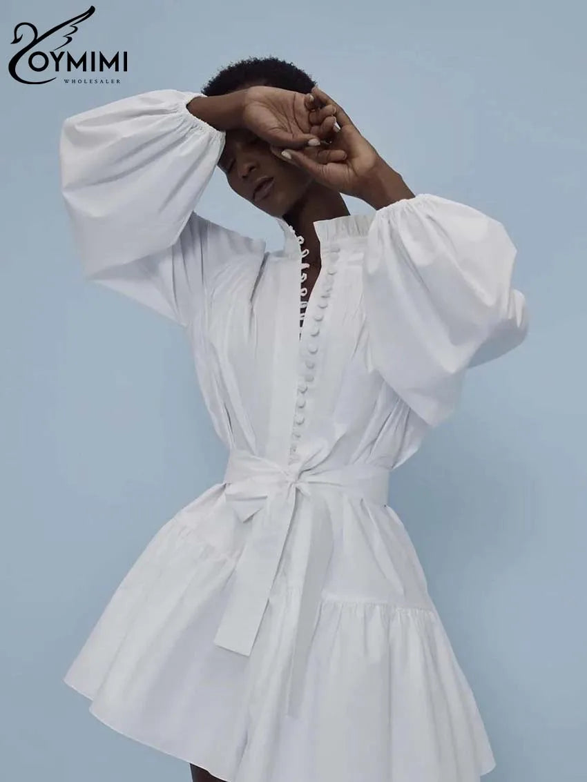 Oymimi Elegant White Cotton Women's Dress Casual Ruffled Collar Long Sleeve Single Breasted Dresses Fashion Lace-Up Mini Dresses