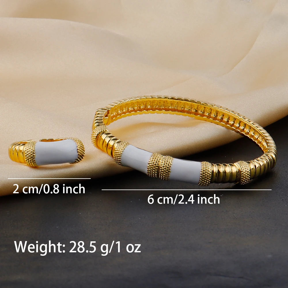 18K Gold Color Plated Dubai Bracelets Luxury Arabian Wedding Jewelry Sets, Hidden Buckle Women’s Bracelets and Rings Jewelry Set