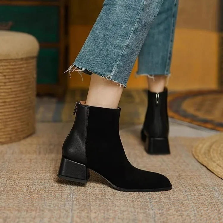 Women's winter boots fashionable round-toe modern leather suede blend ankle boots with zippers on the back, low heel nude boots