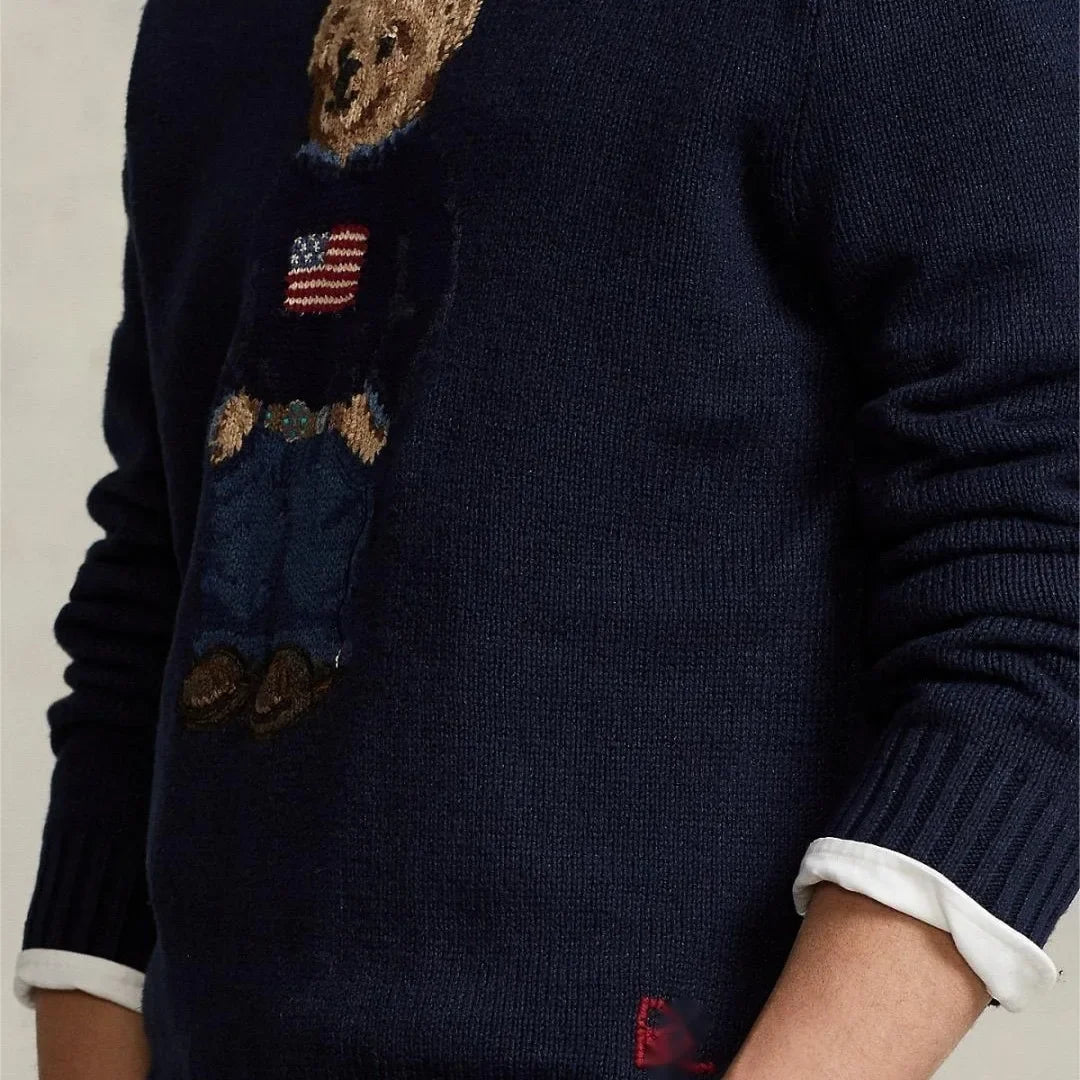 Autumn/winter New Classic Embroidery National Flag Bear Cub Round Neck Casual Commuting Versatile Knitted Top Small Horse