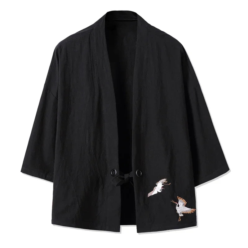 Men Kimono Crane Embroidery Harajuku Japanese Style Cardigan Casual Cotton Men Samurai Costume Yukata Asian Clothes Men Jackets